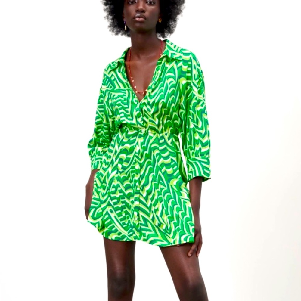 Green Zara mini shirt-dress.